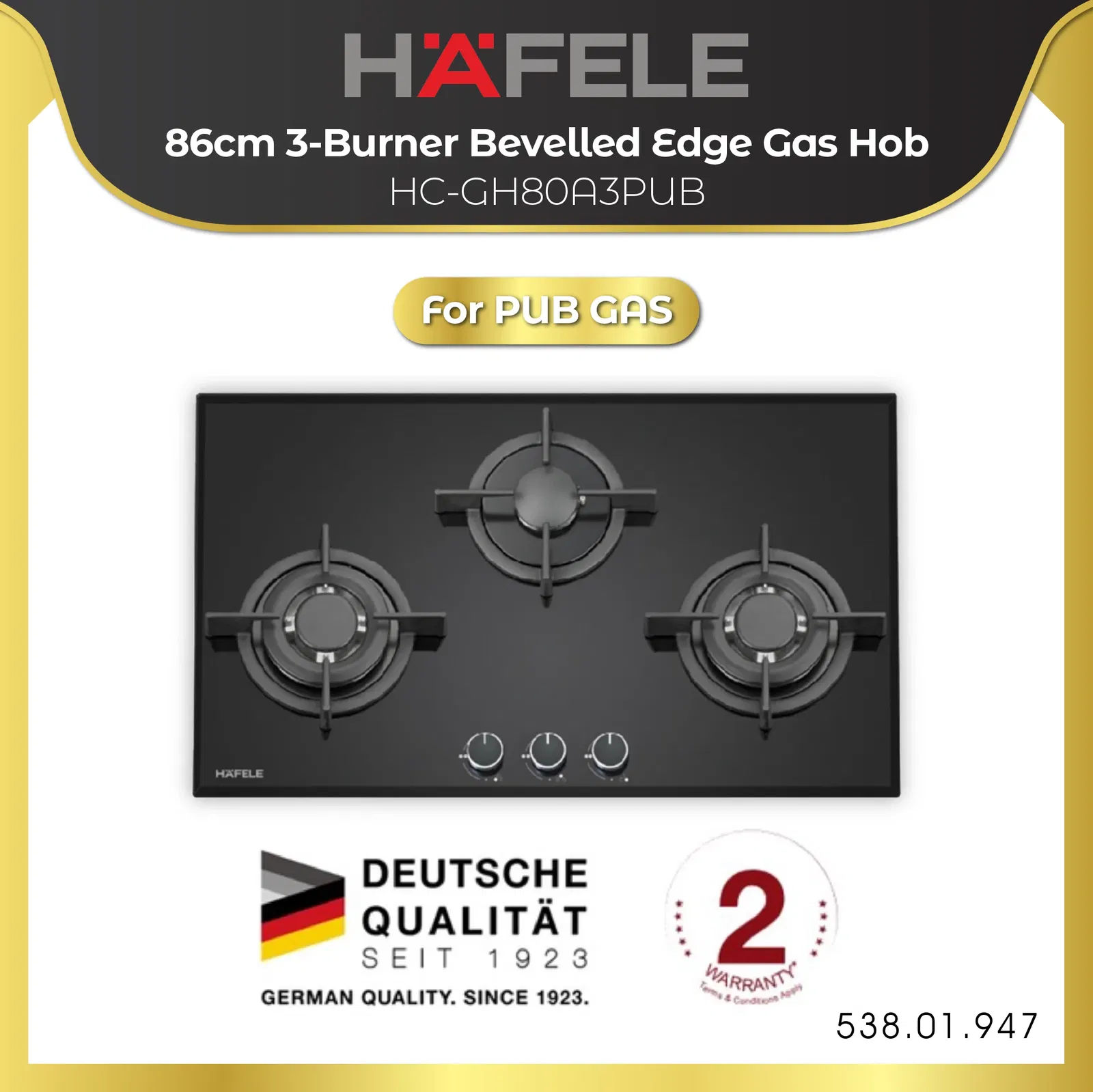Hafele 86cm 3-Burner Bevelled Edge Gas Hob HC-GH80A3PUB Hafele 86cm 3-Burner Bevelled Edge Gas Hob HC-GH80A3PUB