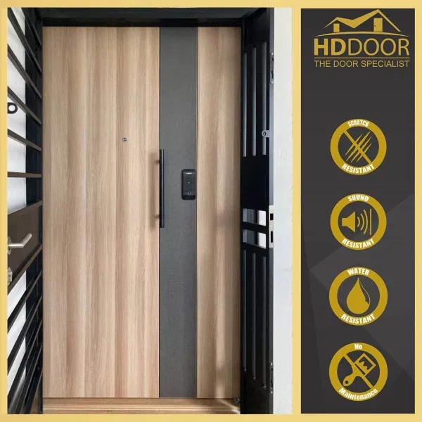 Two Tone Laminate Main Door with Long Bar Handle